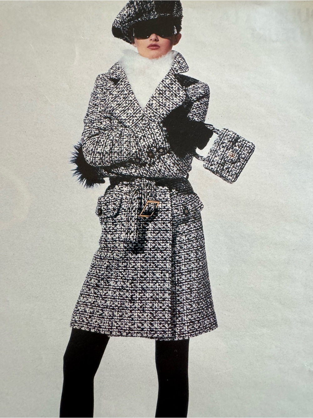 CHANEL Black and White Tweed Coat with Belt Collection 1994A FR. 36